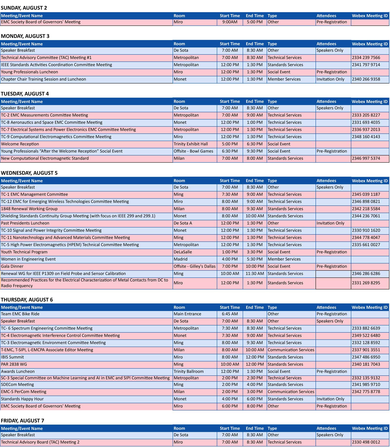 Working Groups, Collateral Meetings & Social Events Schedule